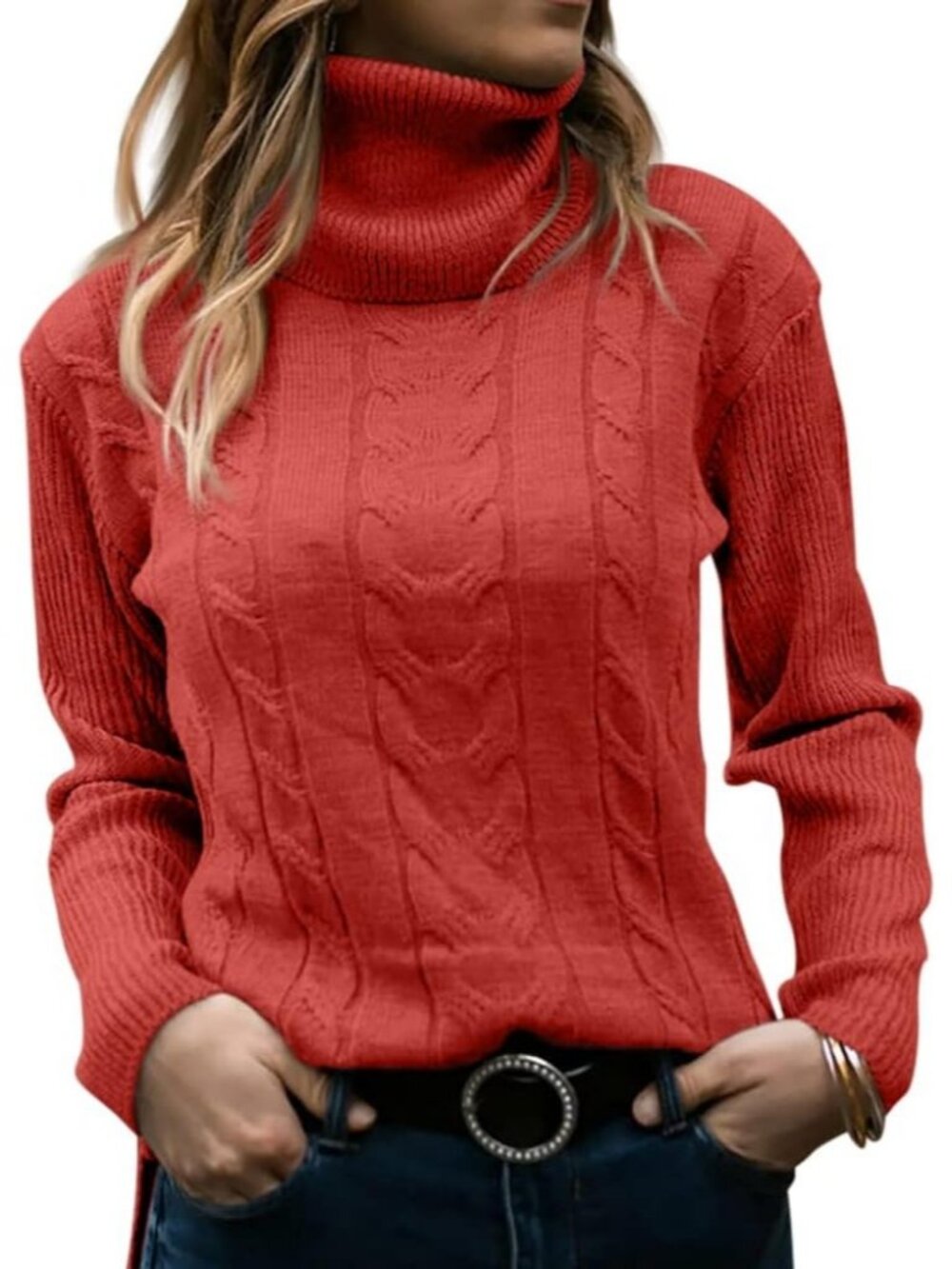 Women's Brick Red Turtleneck Long Sleeve Cable Knit Slim-Fit Style Sweaters